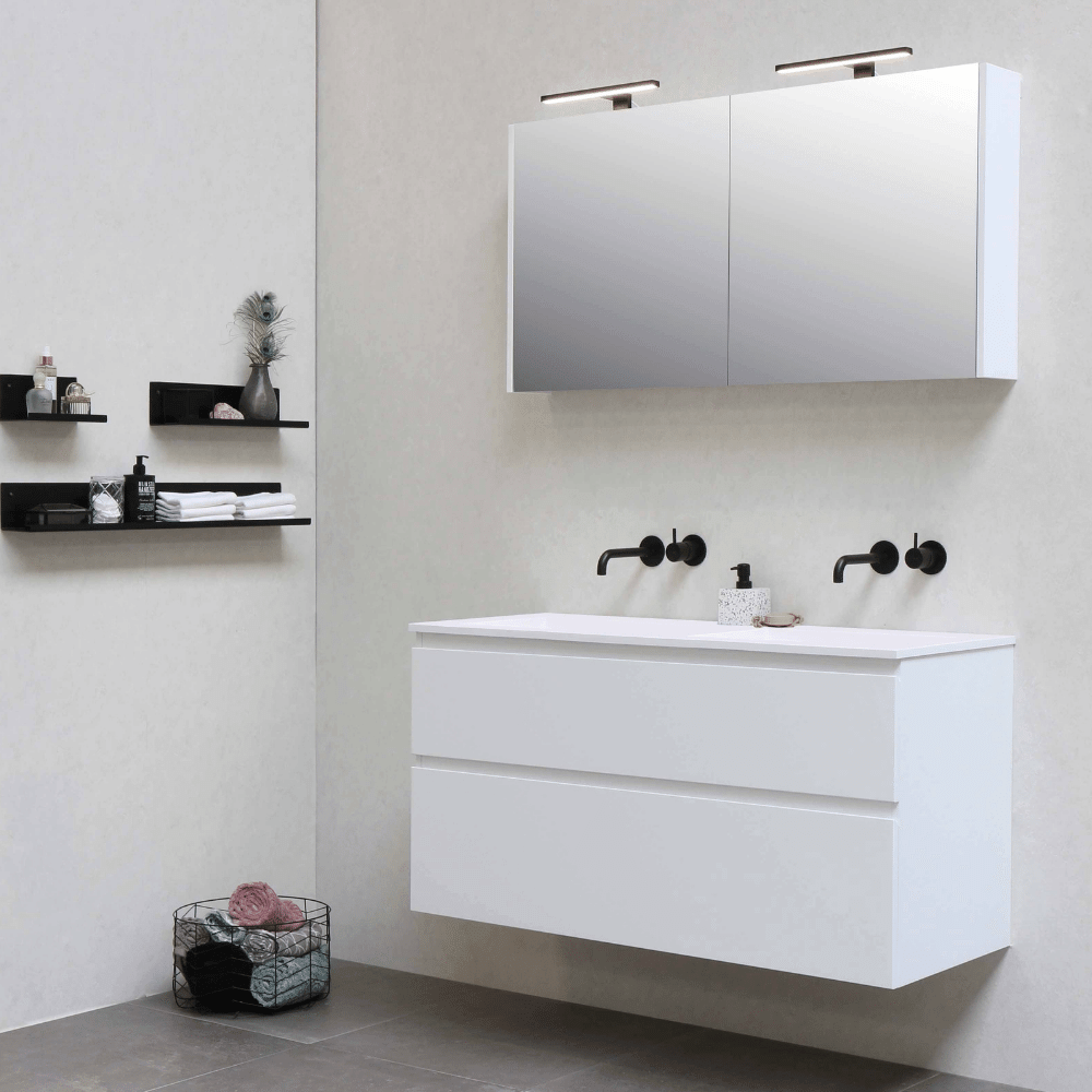 bathroom mirror with shelves