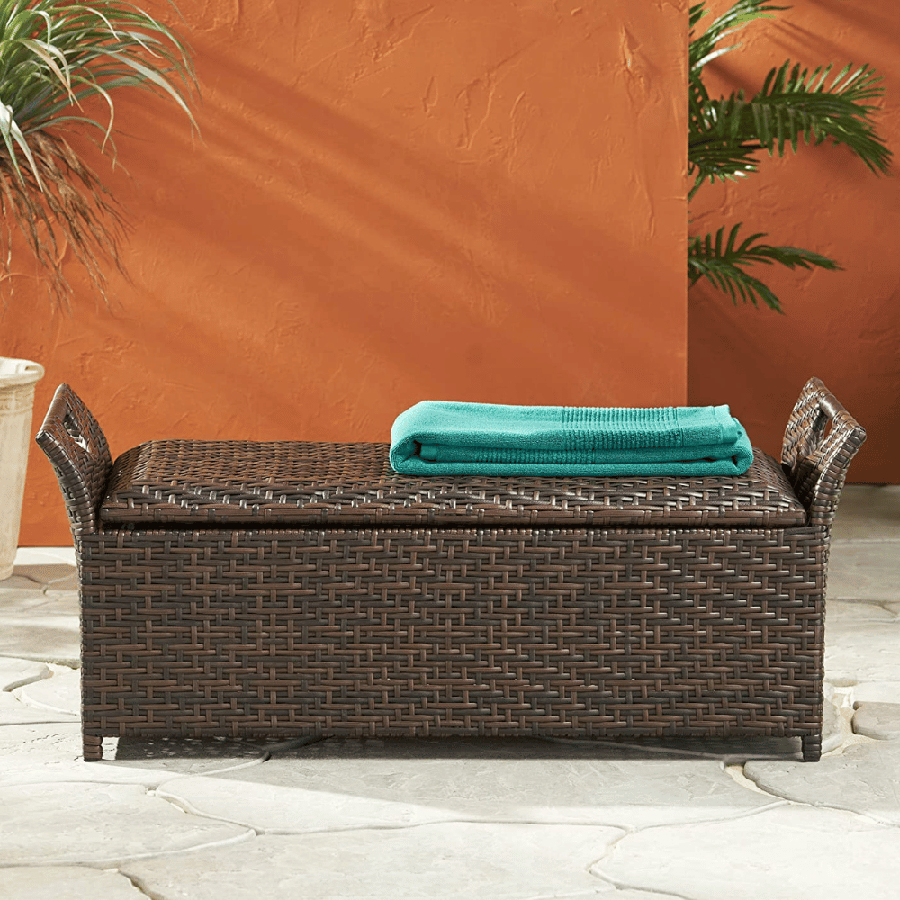 outdoor wicker storage bench